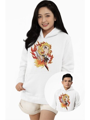 Fuddy Moda Unisex Rengoku Kyojuro Baskılı Kapüşonlu Sweatshirt, Oversize Demon Slayer Anime Temalı Hoodie