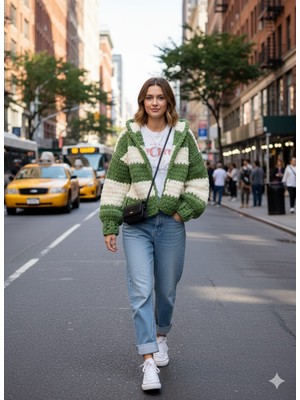 A&D Handmade El Örgüsü Puffy Kapüşonlu Crop Kadın Hırka