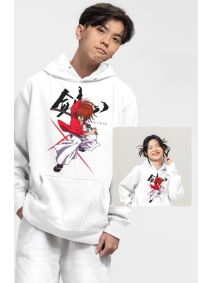 Fuddy Moda Unisex Kenshin Himura Baskılı Kapüşonlu Sweatshirt, Oversize Rurouni Kenshin Anime Temalı Hoodie