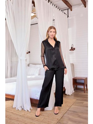 Aria's Closet Dantelli ve Tüllü Uzun Kollu Önü Düğmeli Saten Pijama Takımı