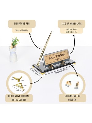 Füme Bronz Cam Masaüstü Isimlik - Gold Kalemli Set - Öğretmen ve Yönetici Ofis Hediyesi