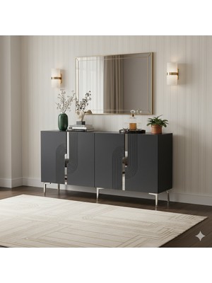 Yumedi Design KA1804AS - Dünya Konsol, Tv Sehpası, Çok Amaçlı Dolap ve Kahve Köşesi 180CM Antrasit-Silver