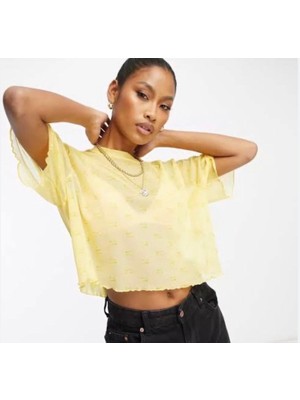 Nike Air Baskılı Kısa Kollu Fileli Kısa Sarı Kadın T-Shirt DV8245-795