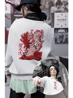 Fuddy Moda Unisex Sukuna Red Sırt Baskılı Kapüşonsuz Sweatshirt, Oversize Anime Jujutsu Kaisen Sweatshirt