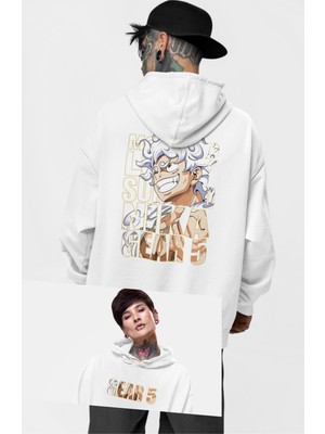 Fuddy Moda Monkey D. Luffy Nika Gear 5 Sırt Baskılı Kapüşonlu Sweatshirt, Unisex Oversize Anime Baskılı Hoodie