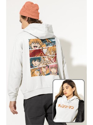 Fuddy Moda Oversize Chainsaw Man Karakterleri Sırt Baskılı Kapüşonlu Sweatshirt, Unisex Anime Temalı Hoodie