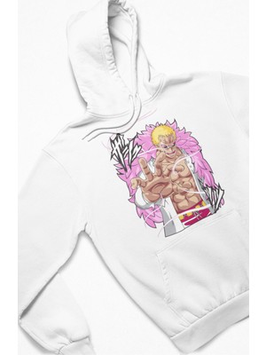 Fuddy Moda Unisex Donquixote Doflamingo Baskılı Kapüşonlu Sweatshirt, Oversize One Piece Anime Temalı Hoodie
