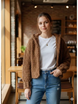 A&D Handmade El Örgüsü Puffy Kapüşonlu Crop Kadın Hırka