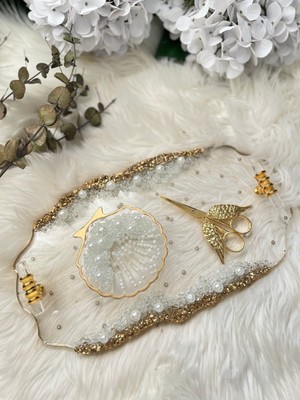 Epoksi Tepsi Şeffaf+Incili Nişan Tepsi Seti Gold