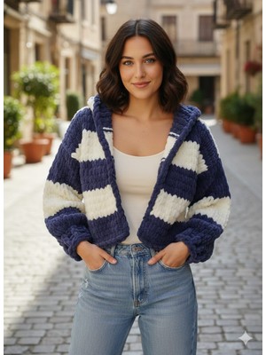 A&D Handmade El Örgüsü Puffy Kapüşonlu Crop Kadın Hırka