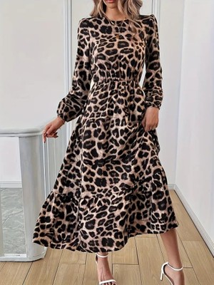 Etiler Collection Uzun Kollu Bisiklet Yaka Leopar Desenli Midi Süprem Elbise