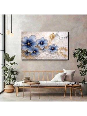 Mavi Çiçekler Gold Detaylı Modern Kanvas Tablo