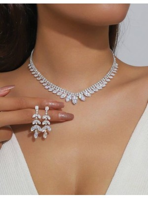 Ümaks Silvers Zirkon Taşlı Yaprak Model Kolye Küpe Seti Zarif Düğün Takı Seti Kına Takı Seti Nişan Takı Seti