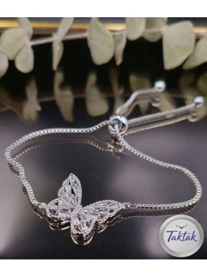 Taktak Gümüş Renk Asansör Zincir Kelebek Zirkon Taşlı Kararmaz Çelik Bileklik