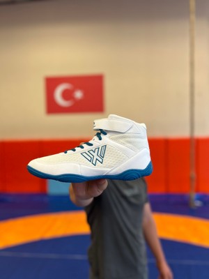 Wrestlingx Tasarım Beyaz Güreş Ayakkabısı Erkekler için Kauçuk Taban ve Polyester Üst Yapı