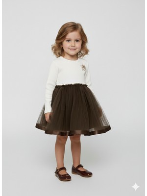 Dudese Kız Çocuk Yıldız Detaylı, Uzun Kollu Tül Etekli Elbise