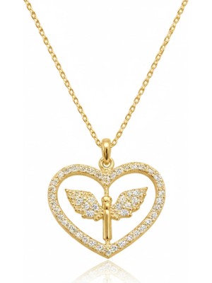 Gümüş Gold Mikail Meleği Figürlü Kalp Kadın Kolye