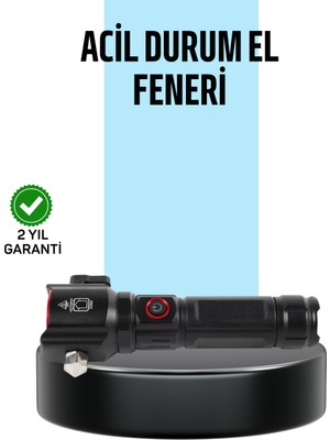 USB Şarjlı Çok Amaçlı El Feneri Çekiçli Pusulalı