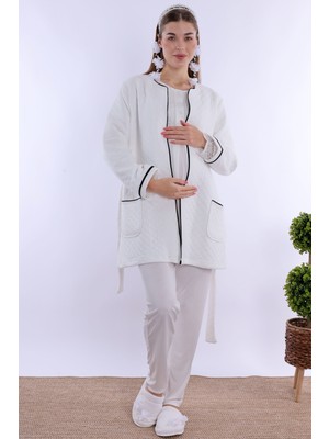 Effortt Ekru Kapitone Sabahlıklı Hamile Lohusa Pijama Takımı