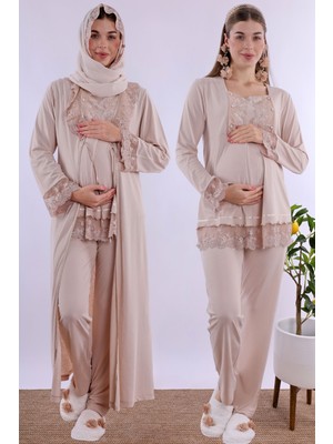 Effortt Bej Tesettürlü Uzun Sabahlıklı Hamile Lohusa Pijama Takımı