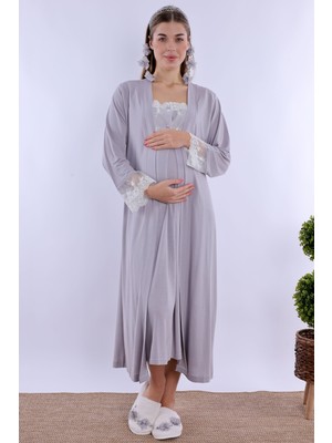 Effortt Gri Sabahlıklı Hamile Lohusa Gecelik Takım