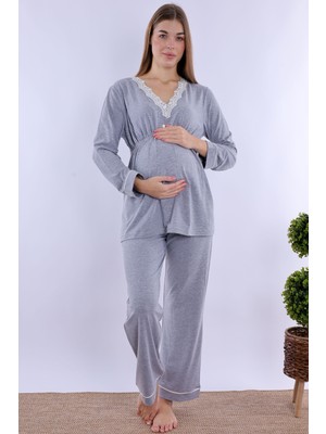Effortt Koyu Gri Hamile Lohusa Pijama Takımı