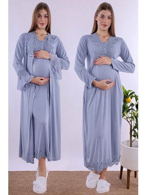 Carpediem Mavi Sabahlıklı Hamile Lohusa Gecelik Takım