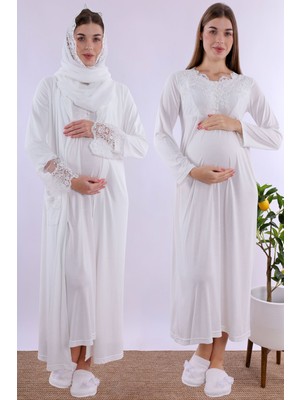 Mecit Ekru Tesettürlü Sabahlıklı Hamile Lohusa Gecelik Takım