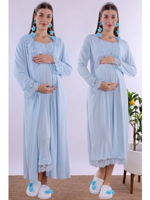 Effortt Mavi Pamuklu Hamile Lohusa Gecelik Takım Emzirme Özellikli Regular Model