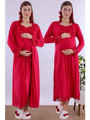 Effortt Vişne Sabahlıklı Hamile Lohusa Gecelik Takım