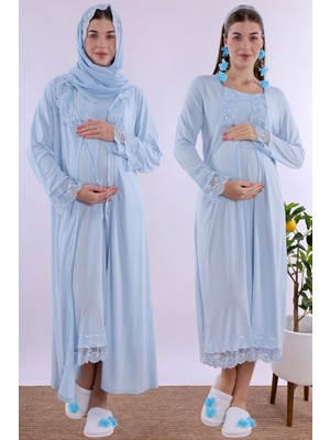 Effortt Mavi Tesettürlü Sabahlıklı Hamile Lohusa Gecelik Takım