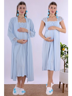 Effortt Mavi Sabahlıklı Hamile Lohusa Gecelik Takım