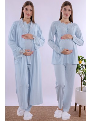 Mecit Mavi Sabahlıklı Hamile Lohusa Pijama Takımı