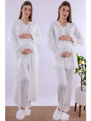 Carpediem Ekru Sabahlıklı Hamile Lohusa Pijama Takımı
