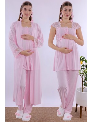 Effortt Pembe Uzun Sabahlıklı Hamile Lohusa Pijama Takımı