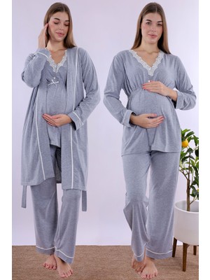 Effortt Koyu Gri Sabahlıklı Hamile Lohusa Pijama Takımı