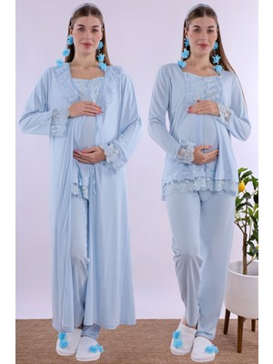 Effortt Mavi Uzun Sabahlıklı Hamile Lohusa Pijama Takımı