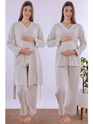 Effortt Bej Sabahlıklı Hamile Lohusa Pijama Takımı