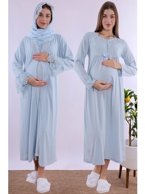 Mecit Mavi Tesettürlü Sabahlıklı Hamile Lohusa Gecelik Takım