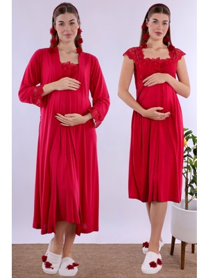 Effortt Vişne Sabahlıklı Hamile Lohusa Gecelik Takım