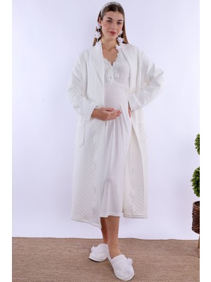 Effortt Ekru Kapitone Sabahlıklı Hamile Lohusa Gecelik Takım