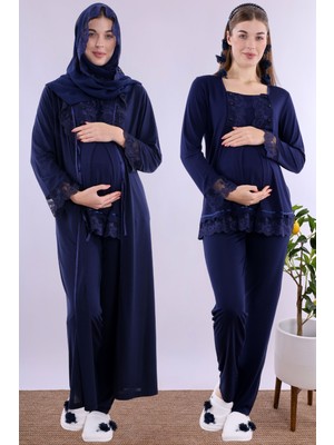 Effortt Lacivert Tesettürlü Uzun Sabahlıklı Hamile Lohusa Pijama Takımı