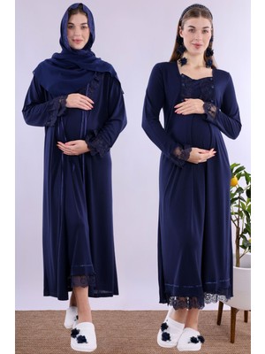 Effortt Lacivert Tesettürlü Sabahlıklı Hamile Lohusa Gecelik Takım