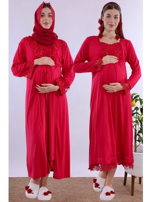 Effortt Vişne Tesettürlü Sabahlıklı Hamile Lohusa Gecelik Takım