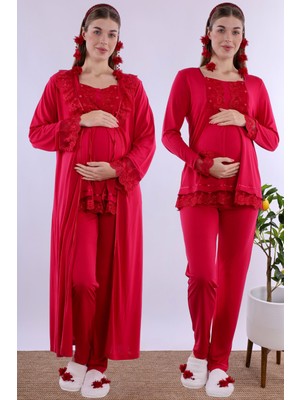 Effortt Vişne Uzun Sabahlıklı Hamile Lohusa Pijama Takımı