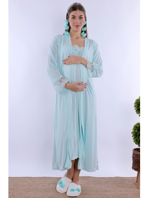 Effortt Turkuaz Sabahlıklı Hamile Lohusa Gecelik Takım