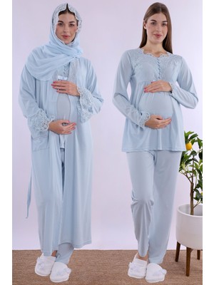 Mecit Mavi Tesettürlü Sabahlıklı Hamile Lohusa Pijama Takımı