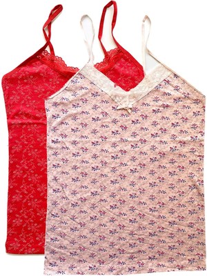 Beruflic 2 Adet Kadın Askılı Desenli Atlet Dantelli Empirme Pamuklu Penye D9-10