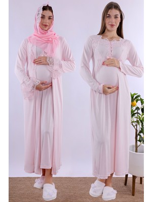 Mecit Pembe Tesettürlü Sabahlıklı Hamile Lohusa Gecelik Takım