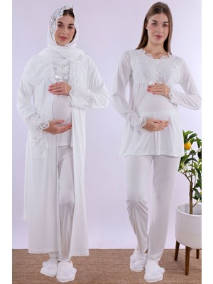 Mecit Ekru Tesettürlü Sabahlıklı Hamile Lohusa Pijama Takımı